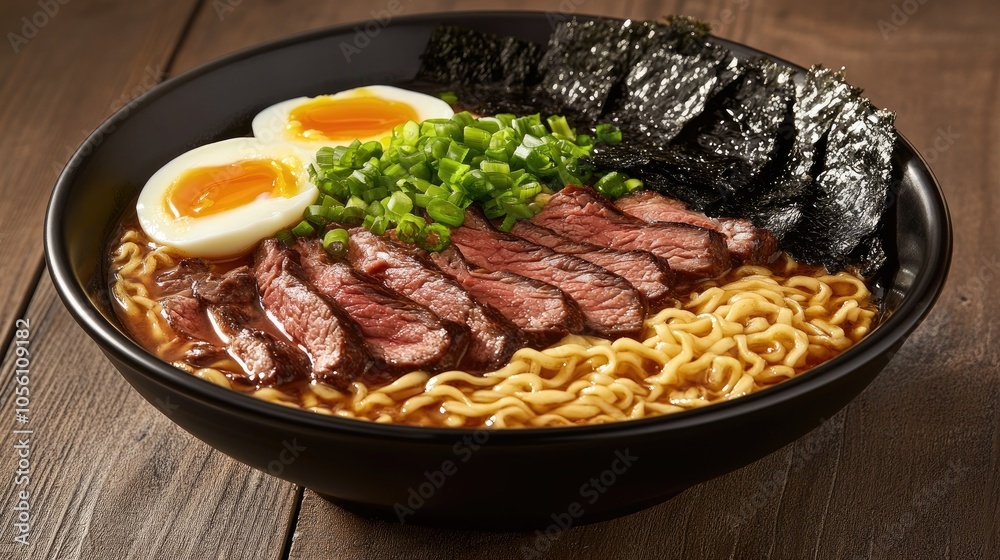 Delicious bowl of ramen with tender beef and toppings Delicious bowl of ramen with tender beef and toppings