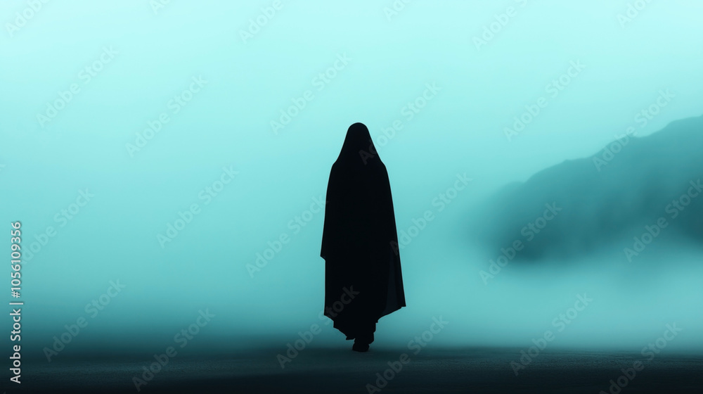 Φωτογραφία Silhouette of a person in a cloak standing in a misty, foggy landscape with a tu