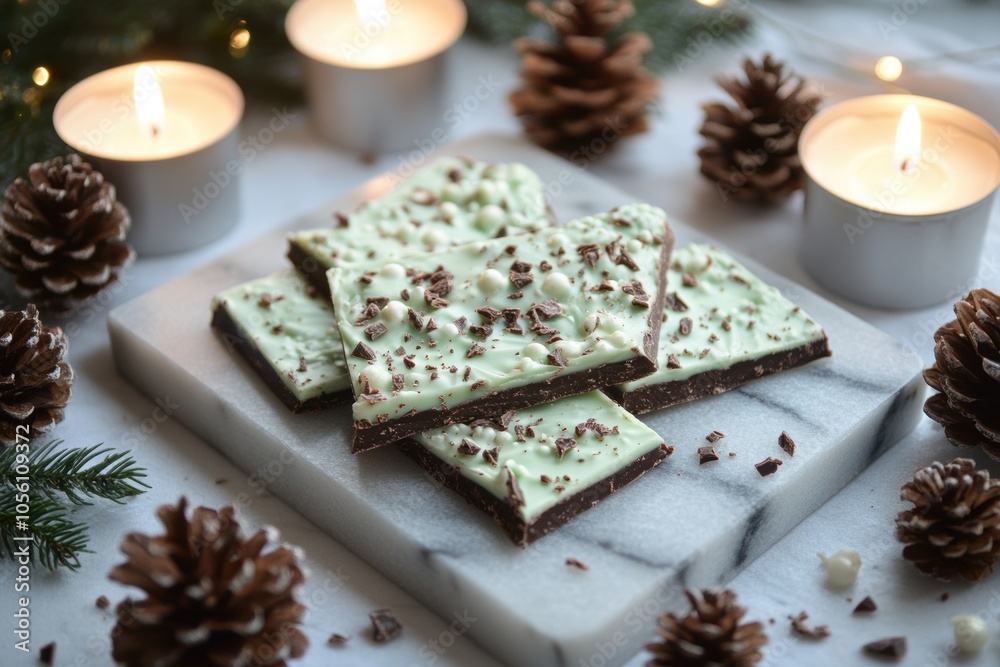 holiday treats, mint chocolate bark on marble slab with pine cones in soft candlelight, perfect for holiday celebration