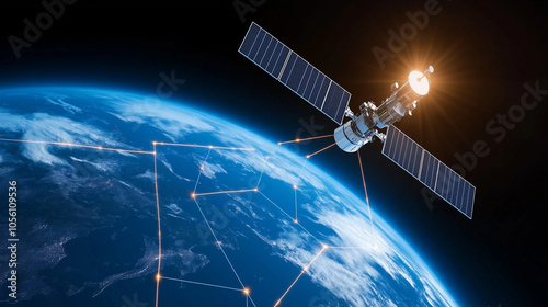 A satellite glides above Earthâs surface, transmitting signals that connect distant parts of the world, as bright lines crisscross the globe, illustrating global data flow. photo