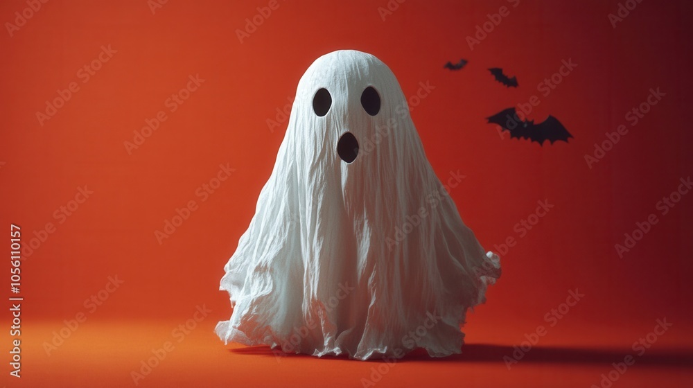 Minimalistic Halloween background featuring a white sheet ghost, pumpkin, bats on an orange backdrop