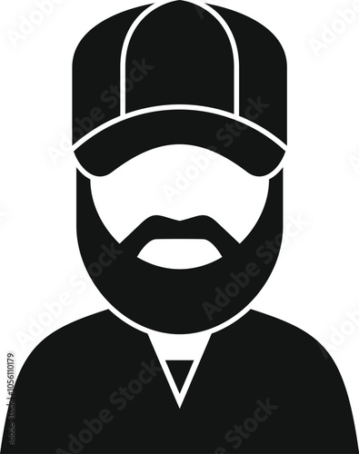 Black silhouette icon of a man with a beard wearing a baseball cap and casual clothing