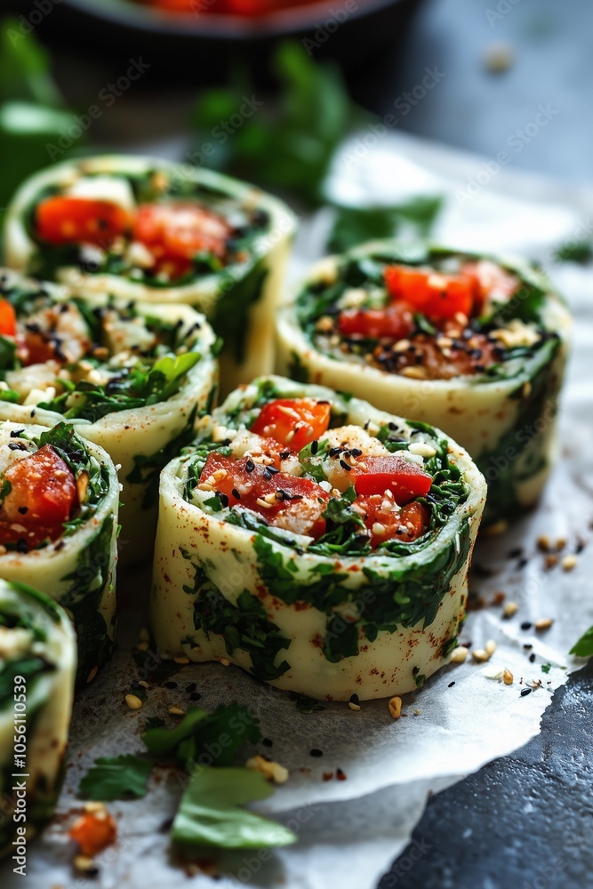 Freshly Made Spinach and Tomato Rolls on a Rustic Surface, Garnished With Herbs and Spices in the Early Afternoon Light Freshly Made Spinach and Tomato Rolls on a Rustic Surface, Garnished With Herbs and Spices in the Early Afternoon Light