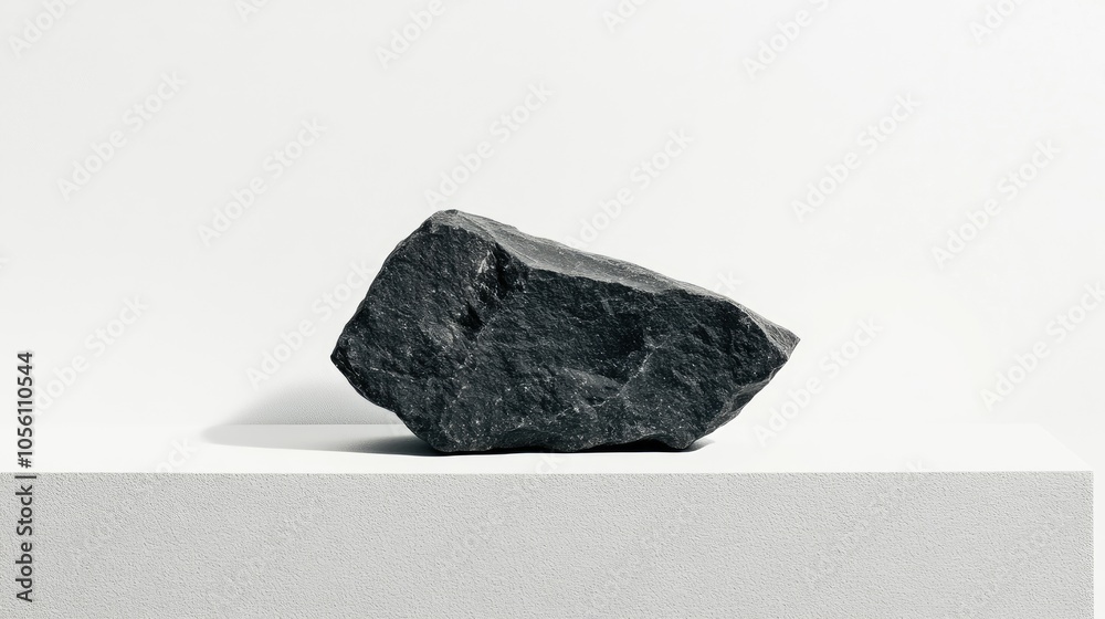 Natural Black Rock on Minimalist Display Surface Natural Black Rock on Minimalist Display Surface