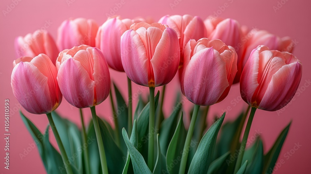 Bouquet of pink tulips flowers on pastel pink background. Bouquet of pink tulips flowers on pastel pink background.