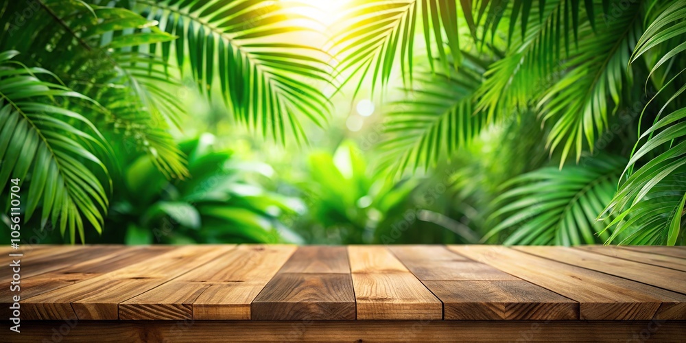 wooden tabletop with tropical greenery background wooden tabletop with tropical greenery background