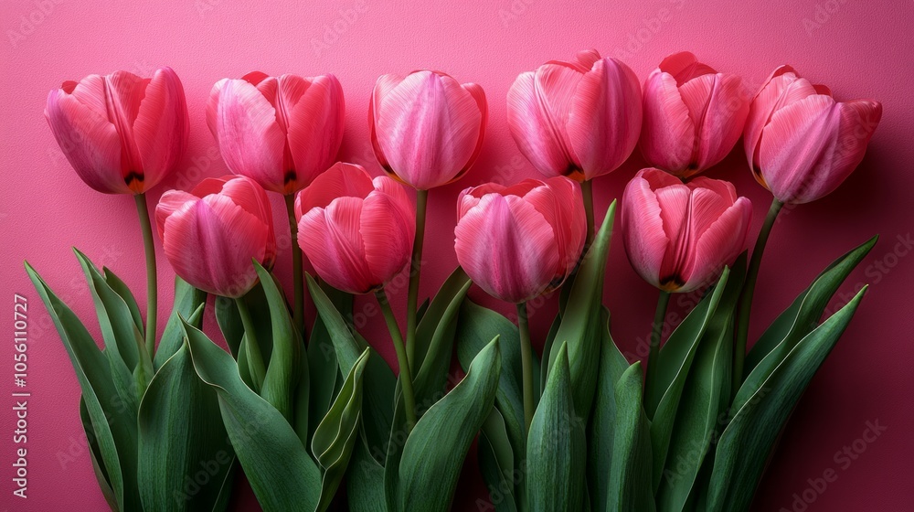 Bouquet of pink tulips flowers on pastel pink background. 
