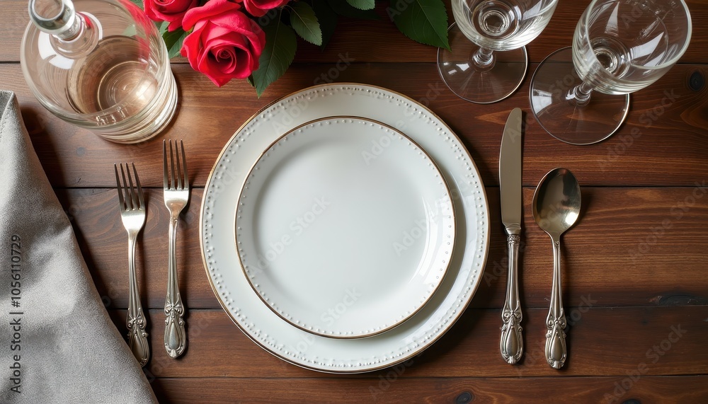 Centered blank copy space with crystal wine decanters, elegant flatware, and sparkling napkins Centered blank copy space with crystal wine decanters, elegant flatware, and sparkling napkins