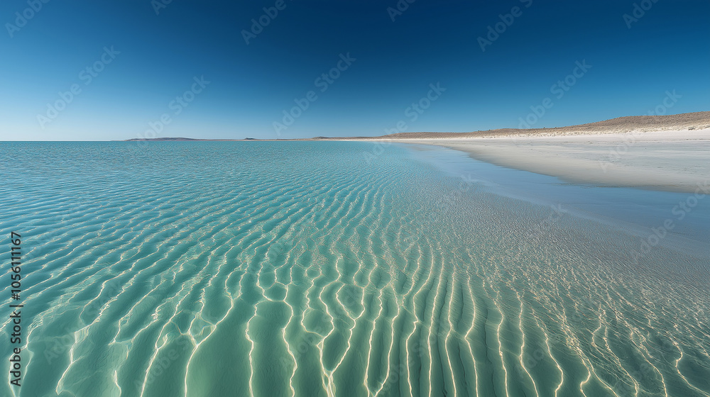 Fototapeta premium The clear blue sky, the vast sea, and the beach beneath it create an endless horizon of light, white sand and crystal-clear water. The ripples on the edge reflect sunlight in shade
