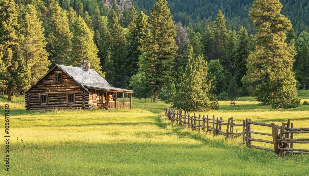 Charming rustic log cabin surrounded by lush green meadows and majestic pine trees Charming rustic log cabin surrounded by lush green meadows and majestic pine trees