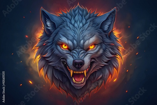 A fierce wolf head illustration, eyes burning with an inner fire photo