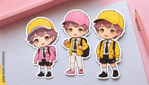 Schoolboy stickers with yellow-pink gradient, cute, detailed, academia style