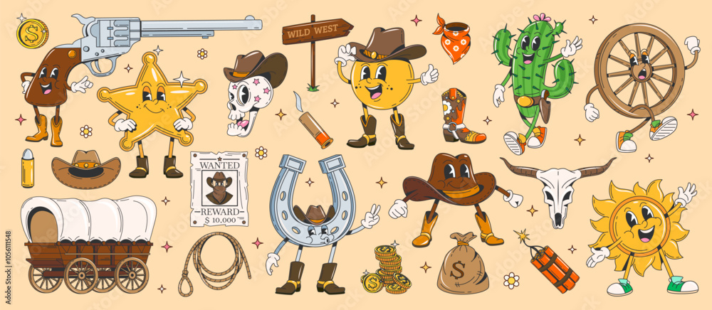 Fototapeta premium Cartoon retro 70s 80s groovy Wild West Western characters. Hippie personages of vector cowboy hat, sheriff star and skull, funny gun, horseshoe, sun and desert cactus, wood wheel and wanted poster