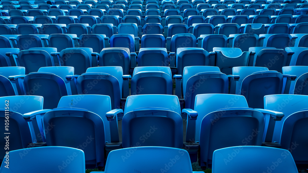 Naklejka premium Niebieskie trybuny: Siedzenia trybun na stadionie sportowym. Pusta arena zewnętrzna. Koncepcja kibiców. Krzesła dla publiczności. Koncepcja środowiska kulturowego. Kolor i symetria.