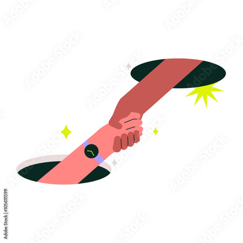 Two Hands Reaching Out And Shaking Through Portals In Flat Vector Illustration Symbolizing Connection, Partnership, And Support, Isolated On White Background.