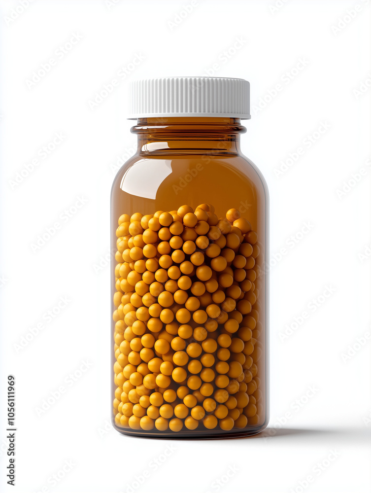 A brown glass bottle filled with yellow multivitamin beads, white cap, product photography, white background, studio lighting, front view, close-up shot of the contents in the pill A brown glass bottle filled with yellow multivitamin beads, white cap, product photography, white background, studio lighting, front view, close-up shot of the contents in the pill