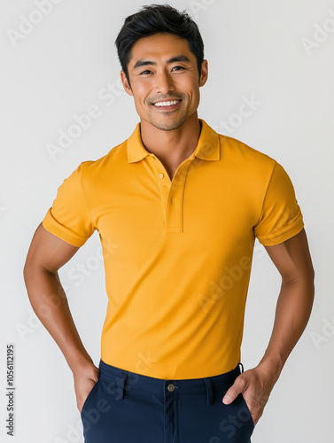 A professional photograph of an Asian man in his late thirties wearing a yellow polo shirt and navy pants, smiling with his hand on his waist and standing against a white backgroun photo