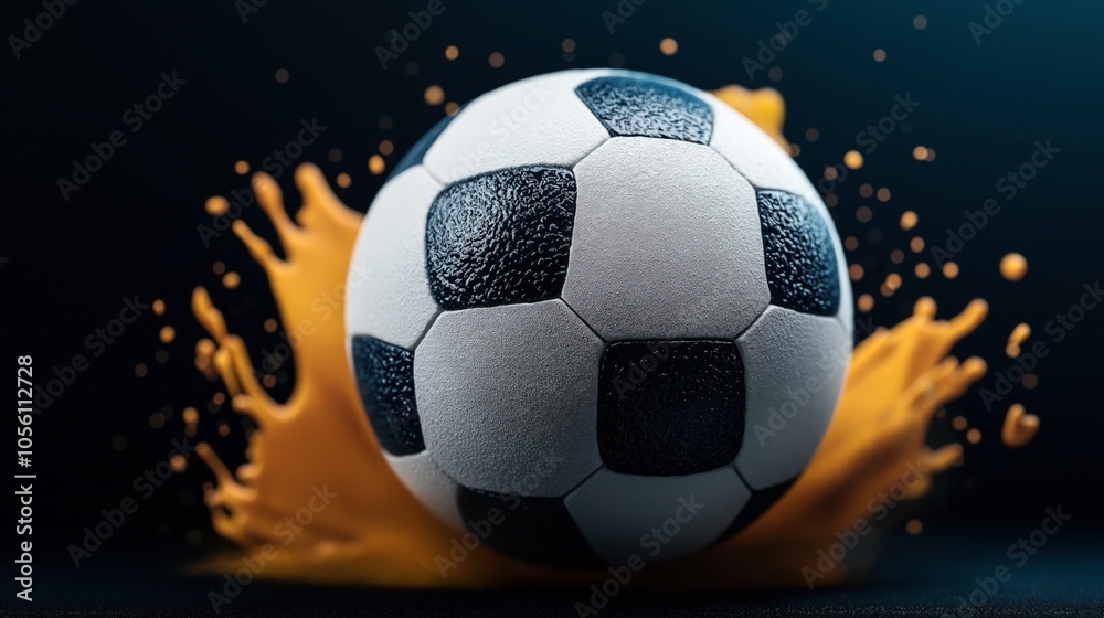 Fototapeta premium Close-up of a soccer ball with a textured surface amidst a dynamic splash of orange liquid against a dark background