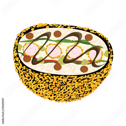 Sushi burger with breaded shrimp meat, onion, cucumber, rice, avocado, and cream cheese fried in breadcrumbs with sauce isolated on white background. Hand drawn vector illustration in flat style