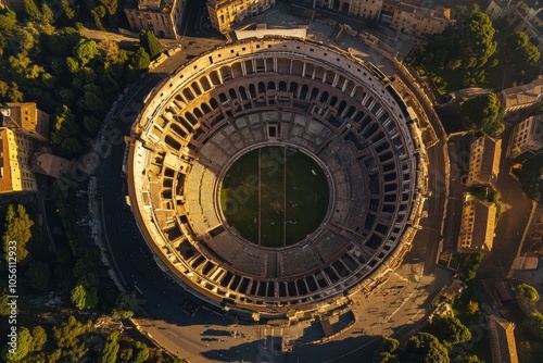 Aerial view of the iconic coliseum captured by drone photography showcasing ancient architecture