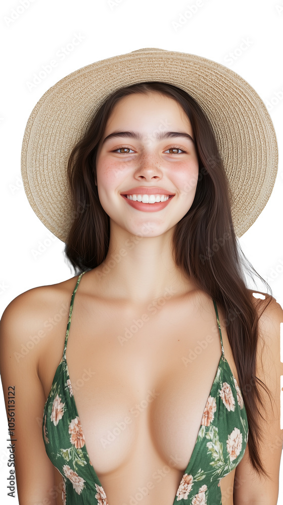 A cheerful young woman with long dark hair wearing a floral bikini top and summer hat, isolated on a transparent background. Great for summer and fashion projects. A cheerful young woman with long dark hair wearing a floral bikini top and summer hat, isolated on a transparent background. Great for summer and fashion projects.