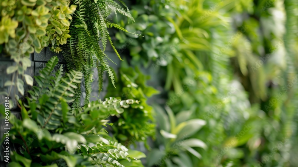 Obraz premium Lush green wall brings nature indoors, creating a tranquil atmosphere with botanical foliage. It symbolizes growth, promotes green living, and enhances air purity