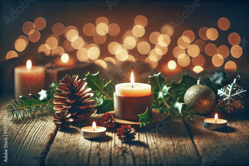 Cozy Christmas Candle Arrangement with Pine Cones, Holly, and Tealights on Rustic Wooden Table with Warm Bokeh Lights