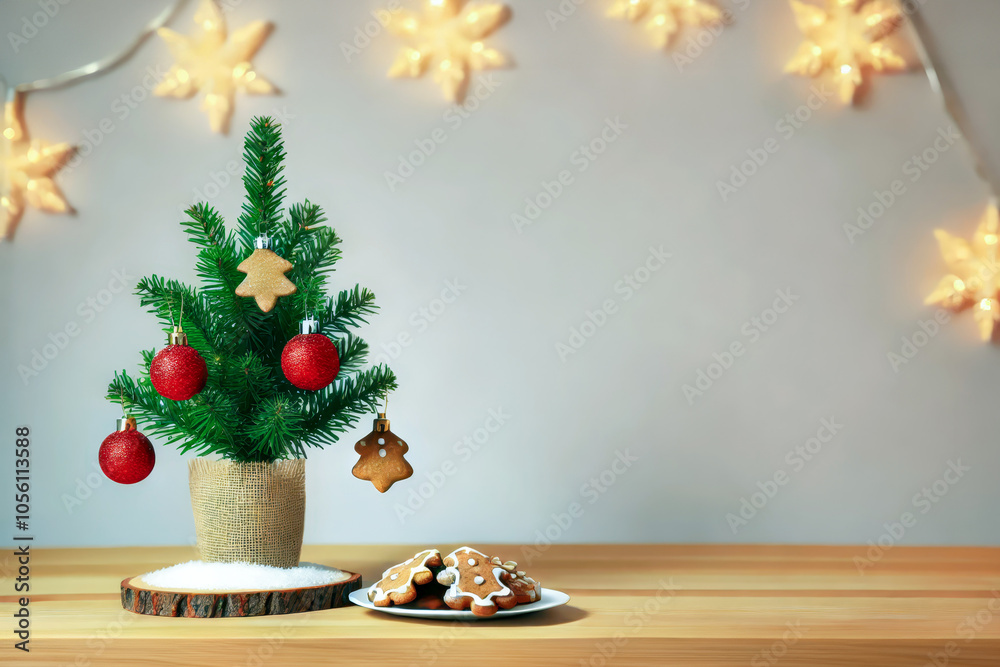 Minimalist Christmas Setup with Small Tree, Gingerbread Cookies, and Star Lights in a Cozy Holiday Scene