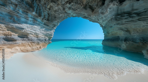 Fototapeta Naklejka Na Ścianę i Meble -   Photo of the Blue Sea, a fantastic arch on only one side is visible in crystal-clear water near Capo Sovrano in Sicily, Italy. In front, you can see a small beach with white san