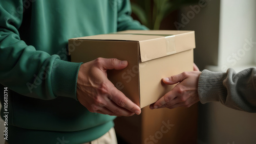 Wallpaper Mural A man in a green sweatshirt hands a beige box to an elderly woman's hands in a cozy indoor setting. Donation and assistance to the elderly Torontodigital.ca