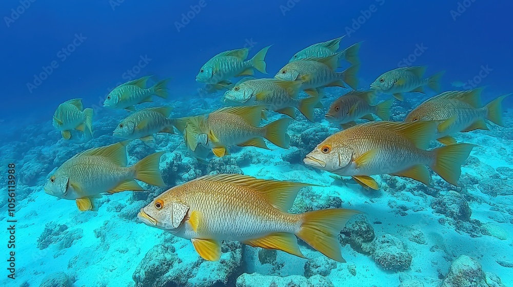 Fototapeta premium Colorful fish swim gracefully over the sandy ocean floor in tropical waters