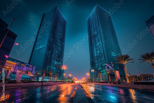 Stunning blue hour photography of kafd skyscrapers in riyadh, saudi arabia   s urban landscape photo