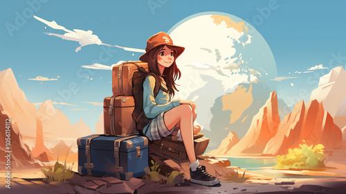 Illustration of a girl with luggage. Girl traveler. Tourist. Travel.