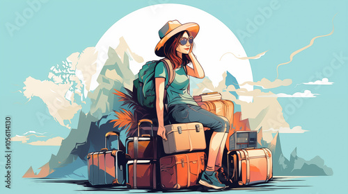 Illustration of a girl with luggage. Girl traveler. Tourist. Travel.