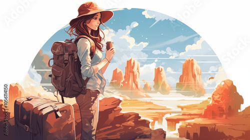 Illustration of a girl with luggage. Girl traveler. Tourist. Travel.