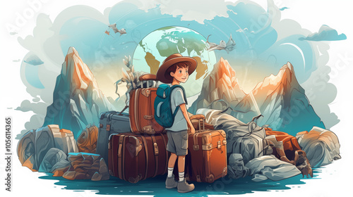 Illustration of a guy with luggage. Guy traveler. Tourist. Travel.
