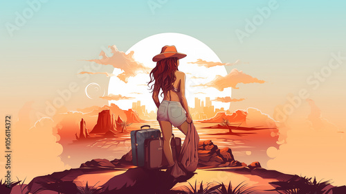 Illustration of a girl with luggage. Girl traveler. Tourist. Travel.