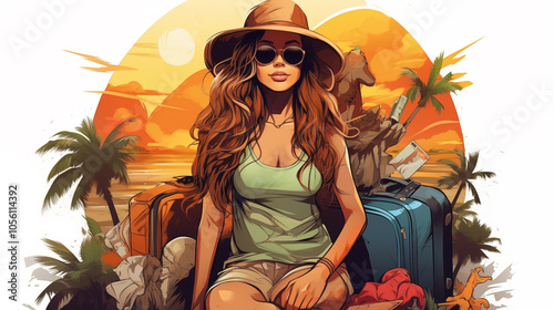 Illustration of a girl with luggage. Girl traveler. Tourist. Travel.