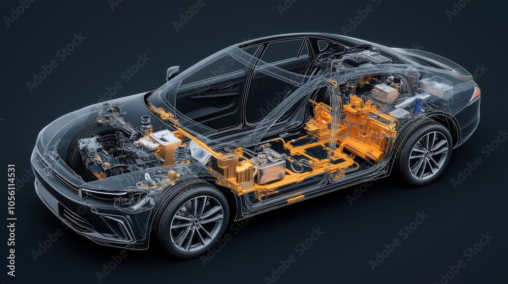 Transparent view of a modern electric car chassis highlighting the internal components, including battery packs and electric motor system on a dark background. Transparent view of a modern electric car chassis highlighting the internal components, including battery packs and electric motor system on a dark background.