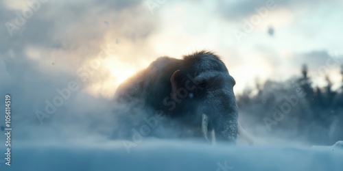 A woolly mammoth in a stormy Ice Age landscape