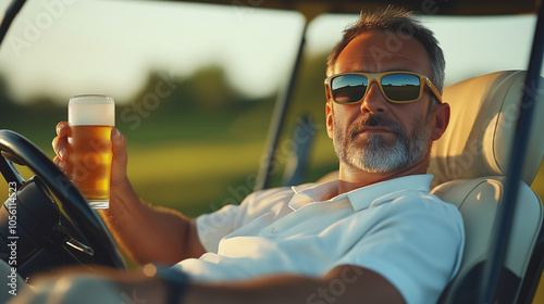 45 year old man sitting in golf cart with a beer with eyebrows raised, on golf couse photo