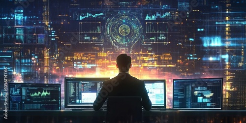 Wallpaper Mural The businessman uses computer software to analyze data and manage information. This helps him make decisions about finances, operations, and sales, all based on the information collected. Torontodigital.ca