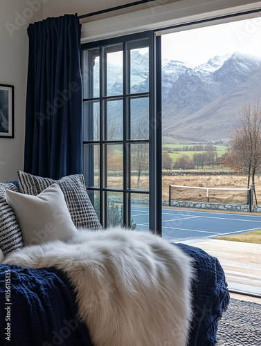 Award-winning photography of a beautiful, luxurious, modern home in the countryside with views of Mount Arlinx. A nice tennis court is visible outside the window, with navy blue photo