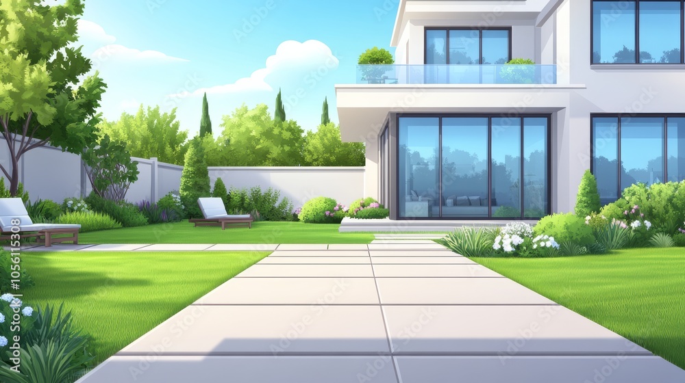 This backyard features a modern house with large windows, surrounded by vibrant greenery, flower beds, and comfortable outdoor seating, ideal for leisurely afternoons under the sun