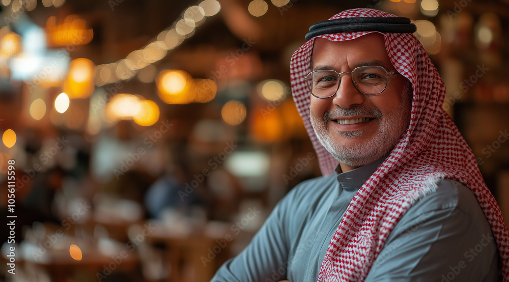 A photograph of a happy Saudi man wearing traditional , smiling at the camera, with a restaurant background. A photograph of a happy Saudi man wearing traditional , smiling at the camera, with a restaurant background.