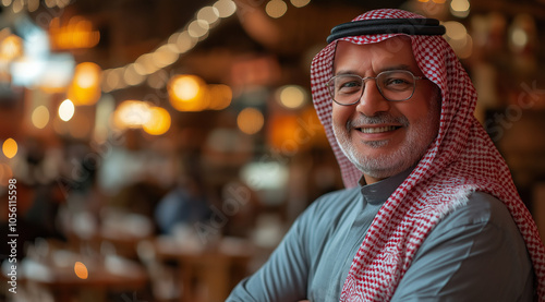 A photograph of a happy Saudi man wearing traditional , smiling at the camera, with a restaurant background. 