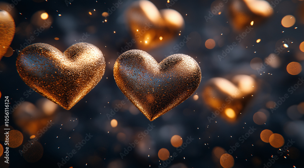 A group of golden hearts floating on a black background, with sparkles and bokeh lights around them. The composition is symmetrical, creating an elegant Valentine's Day theme. A group of golden hearts floating on a black background, with sparkles and bokeh lights around them. The composition is symmetrical, creating an elegant Valentine's Day theme.