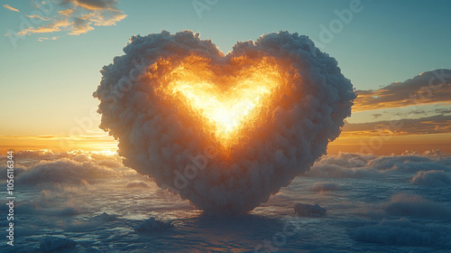 heart-shaped, white fluffy cloud floats gently against a bright blue sky, symbolizing love, peace, and purity. The vibrant scene captures nature’s beauty and evokes calm and happiness
