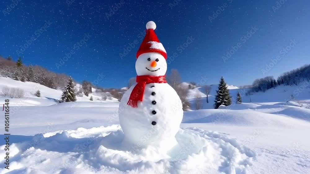 Merry christmas and happy new year snowman greeting card, Happy snowman standing in christmas landscape, Snow background, Winter fairytale Merry christmas and happy new year snowman greeting card, Happy snowman standing in christmas landscape, Snow background, Winter fairytale