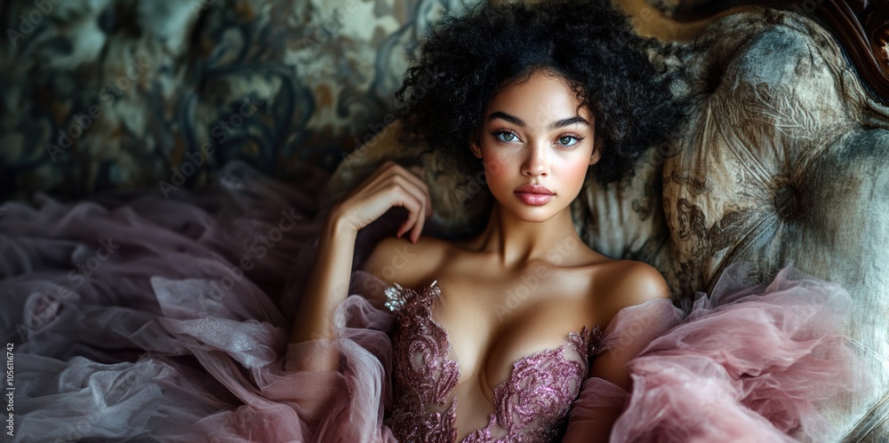 stunningly beautiful woman in a gorgeous chiffon pink dress with glitter. magnificent close up portrait beautiful woman in luxurious fabrics. copy space